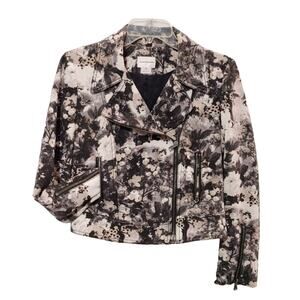Club Monaco Floral Moto Jacket Cropped Asymmetric Zip Front Pink Gray Womens S